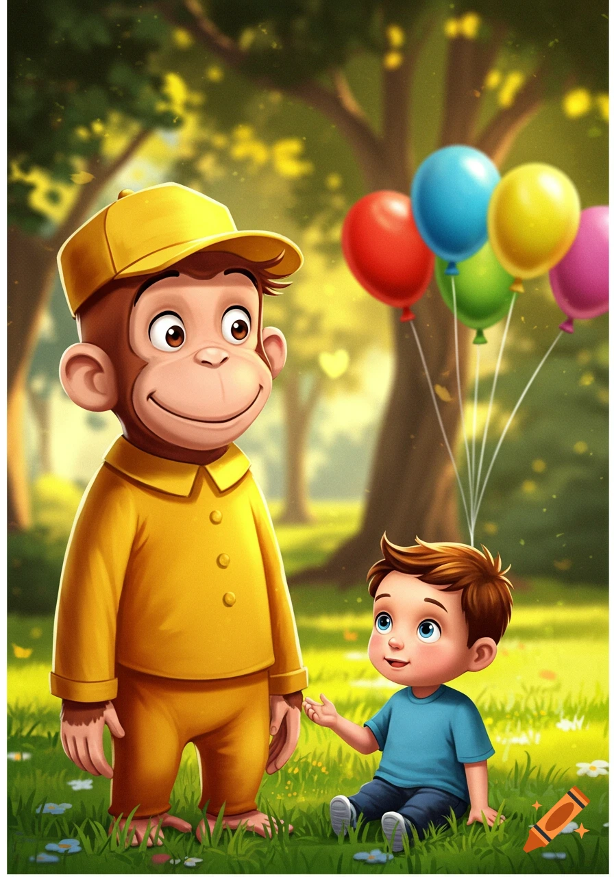 Cartoon monkey in yellow stands next to a sitting boy, holding colorful balloons in a sunny park.
