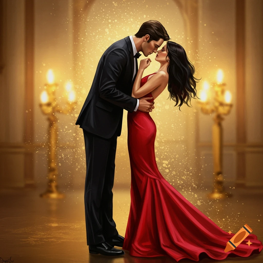Illustrative art of a man in a black suit leaning to kiss a woman in a red gown in a golden ballroom.