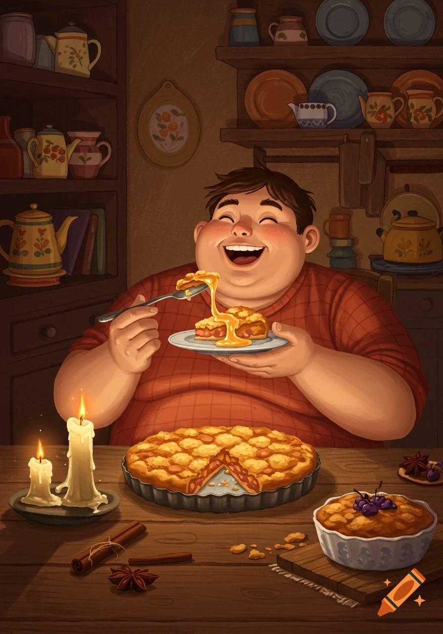 A cheerful, plump cartoon man happily eats a slice of pie covered in caramel sauce at a cozy, candlelit table with more pies.