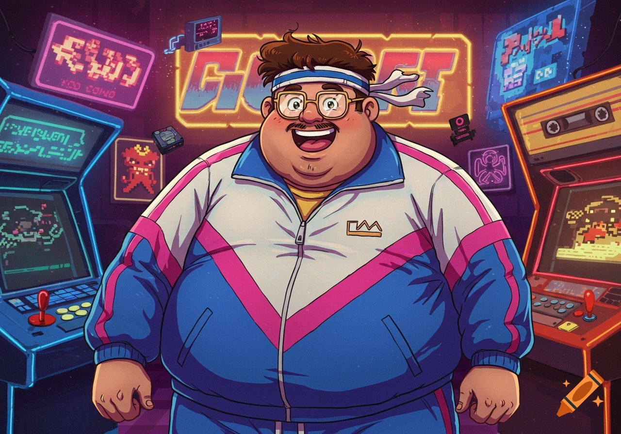 Cartoon of an overweight man in a retro tracksuit and headband, smiling in an arcade with glowing neon signs and game cabinets.