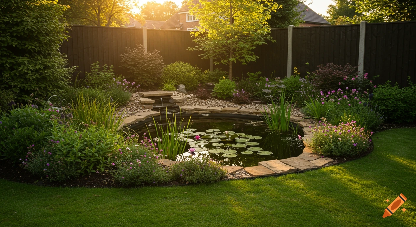 Lush suburban backyard garden with a curved pond, water lilies, and flowering plants. Golden late afternoon sunlight shines over a wooden fence.