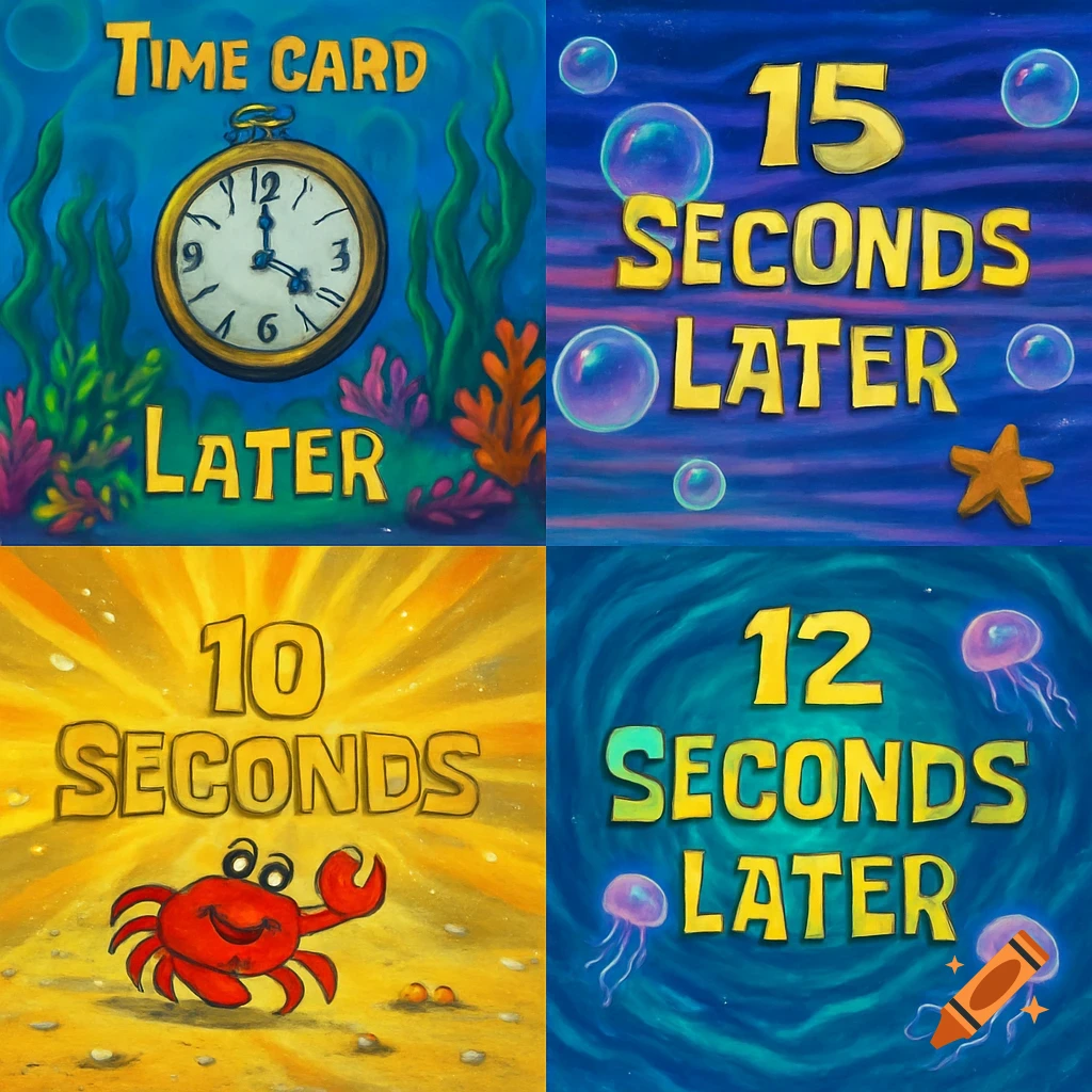 Four-panel cartoon collage in a SpongeBob style, depicting underwater scenes with time cards. Panels include 'TIME CARD LATER' with a clock, '15 SECONDS LATER' with bubbles, '10 SECONDS' with a red crab, and '12 SECONDS LATER' with jellyfish.