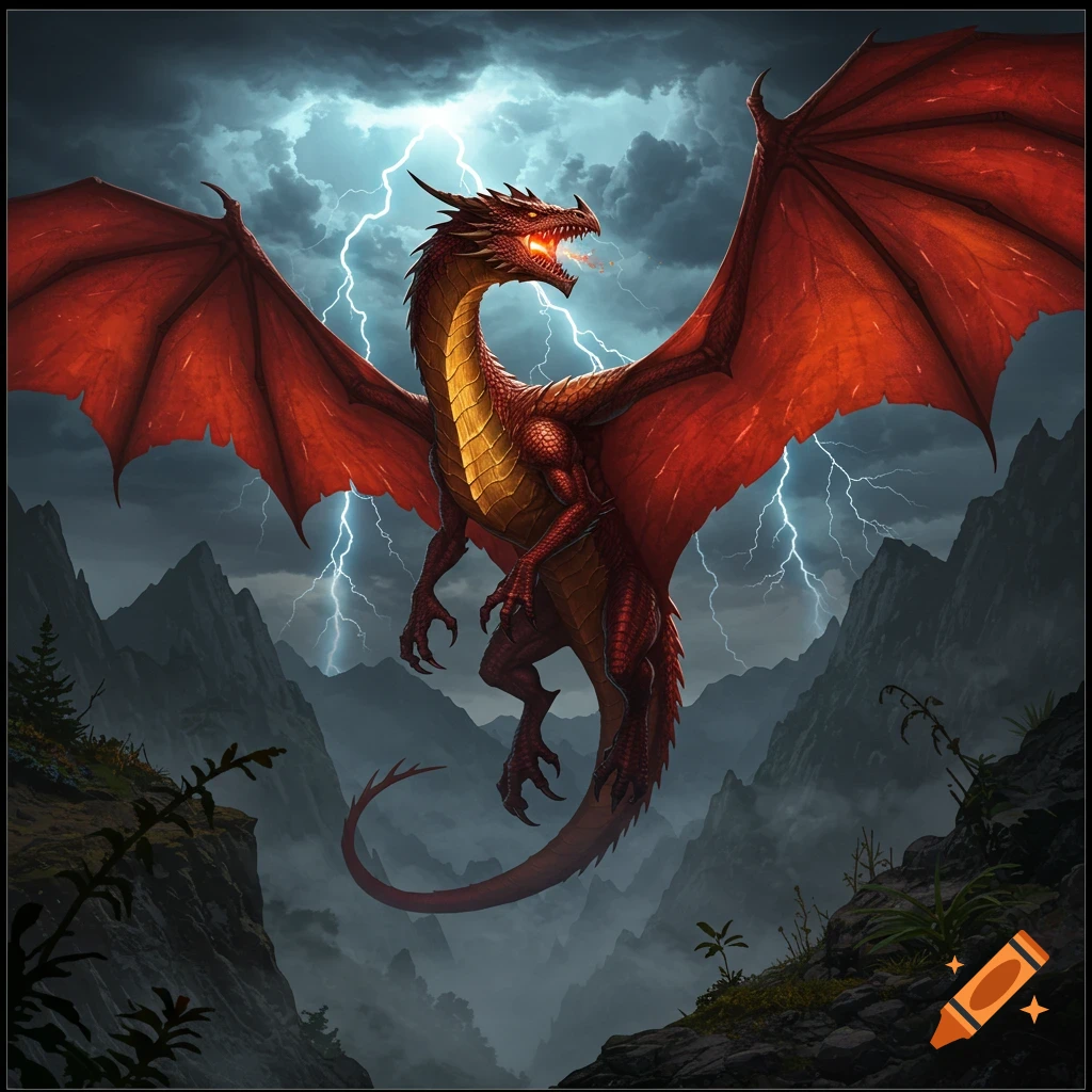 A majestic red dragon with large wings breathes fire, soaring through a lightning storm over misty mountains.