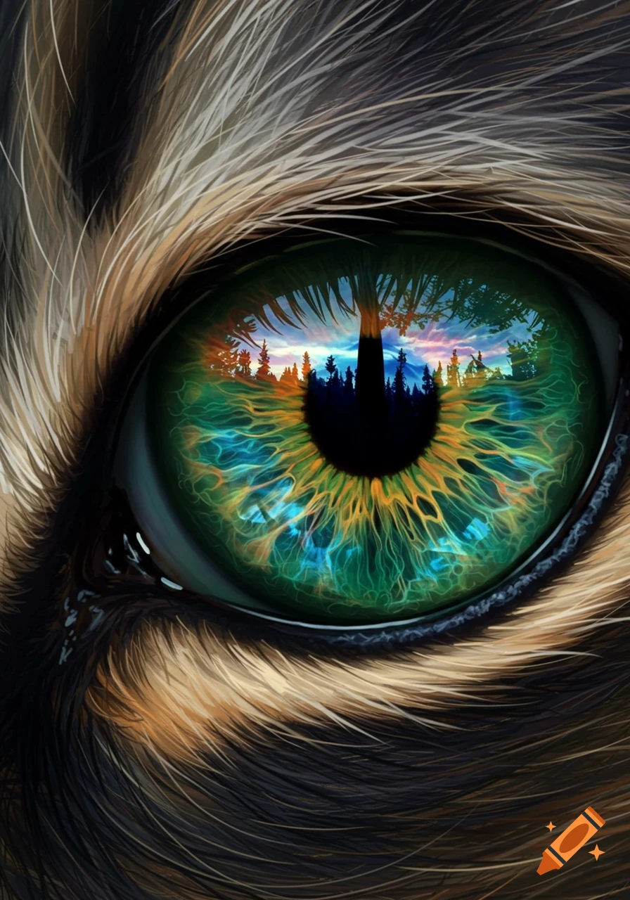 Close-up of a detailed cat's eye with a green and orange iris reflecting a colorful forest sunset landscape, surrounded by textured fur.