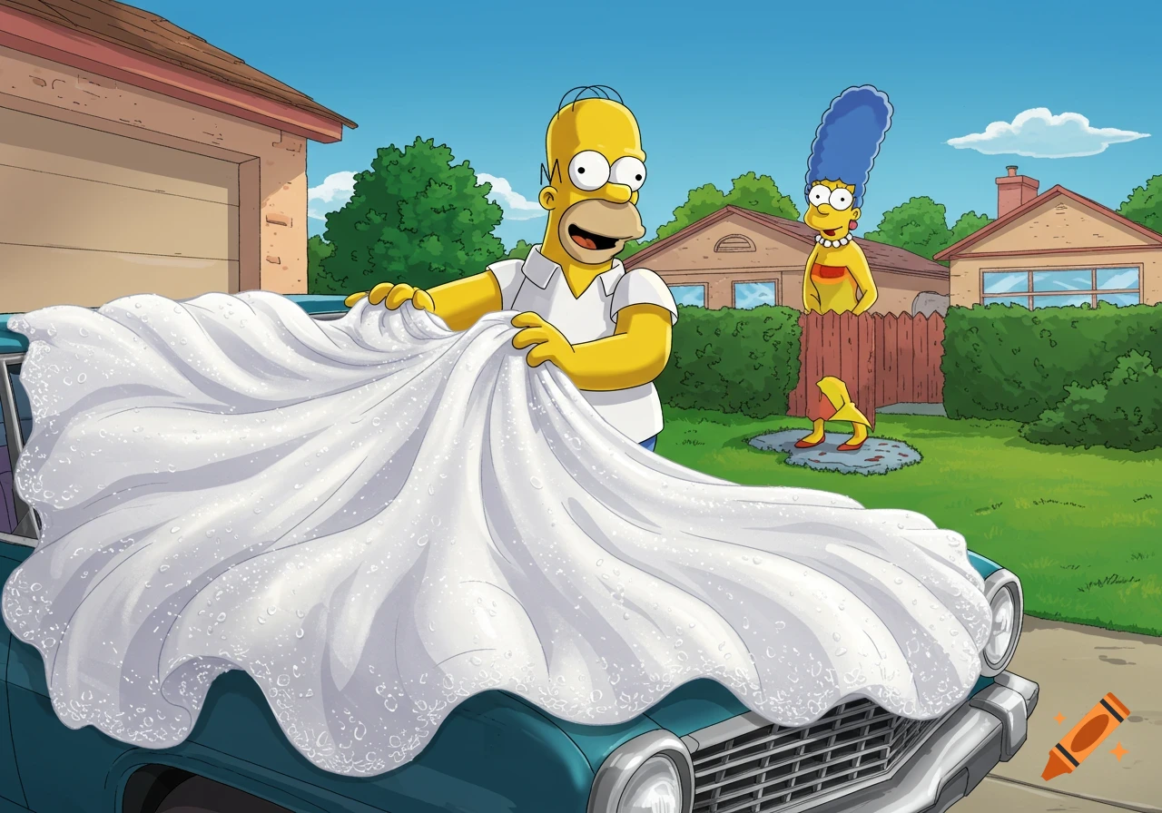 Homer Simpson using Marge's wedding dress to wax a teal car in a cartoon style. Marge looks on from behind a wooden fence.