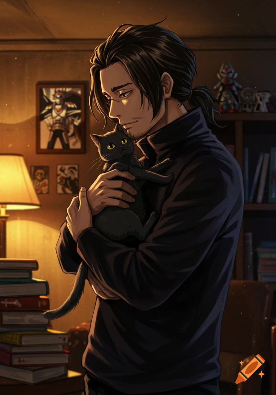 An anime-style man with dark hair in a ponytail gently holds a black cat with yellow eyes in a warm, dimly lit room.
