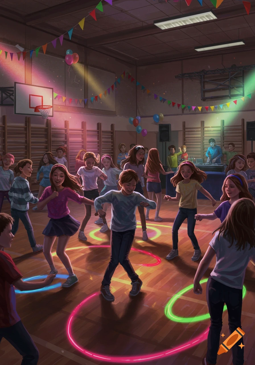 Illustrated scene of many children dancing at a school gym decorated with colorful lights, glow rings on the floor, balloons, and streamers.