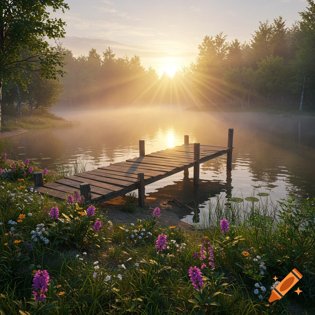 A wooden dock extends into a misty lake at sunrise, surrounded by wildflowers and trees. Photorealistic.