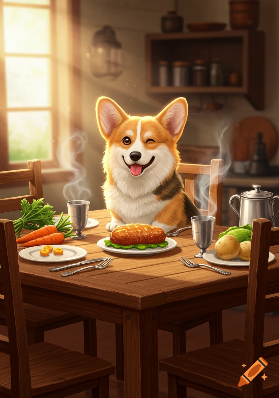 A happy, winking corgi sits at a wooden dinner table with a plate of steaming food, carrots, and potatoes, in a warm cartoon style.