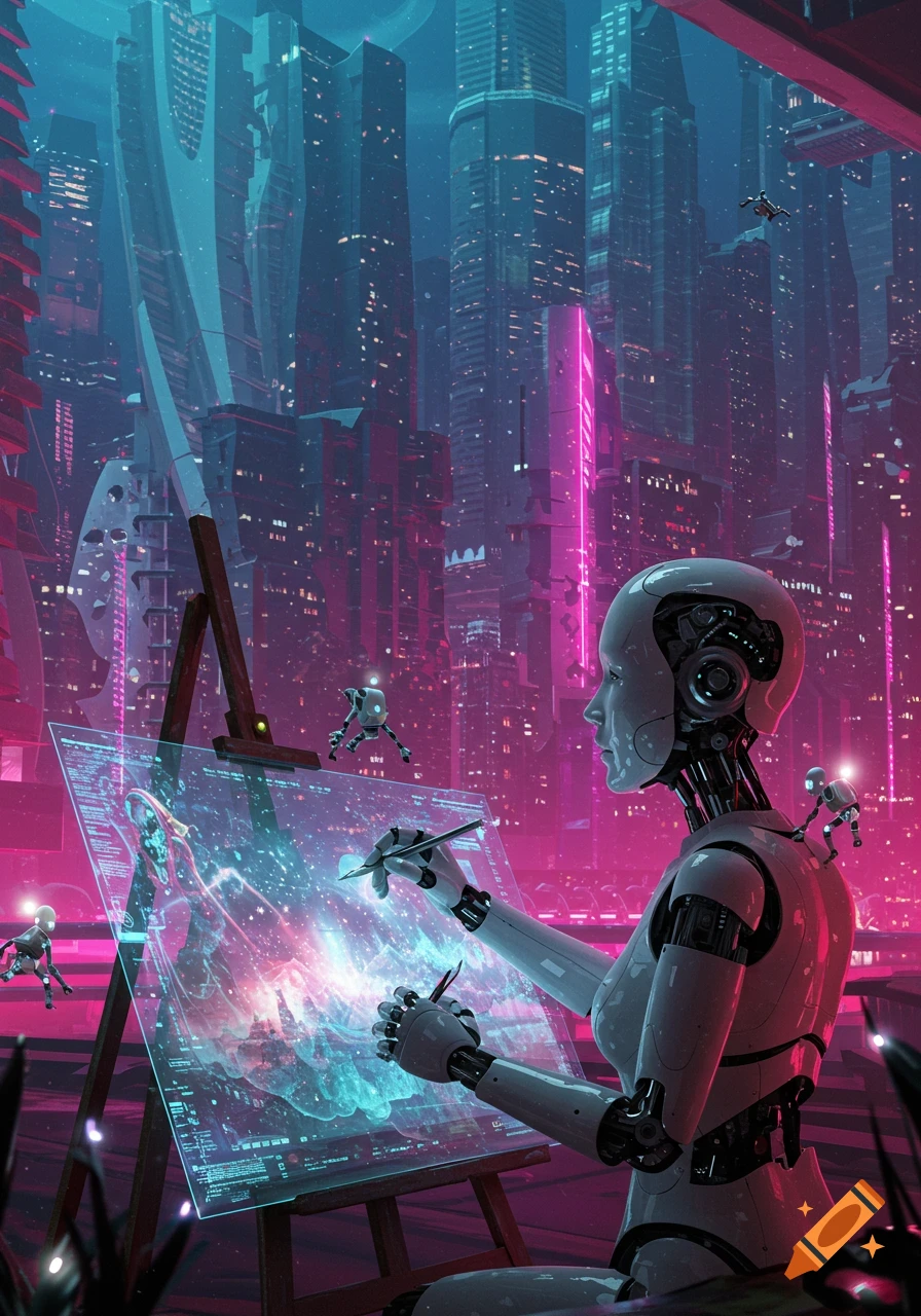 A robot paints a cosmic scene on a transparent easel in a vibrant, neon-lit cyberpunk city.