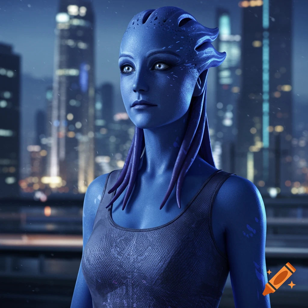 Photorealistic portrait of a blue-skinned Asari woman in a tank top, looking left with a blurred city skyline at night.