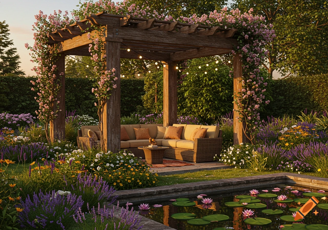 Photorealistic image of a beautiful garden with a wooden pergola covered in pink flowers, outdoor seating, and a lily pond.