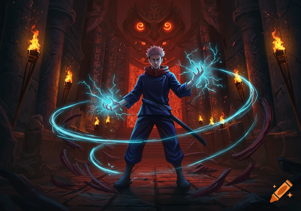 An anime-style male character with spiky hair generates blue lightning in a dark, torch-lit temple with a giant demon face.