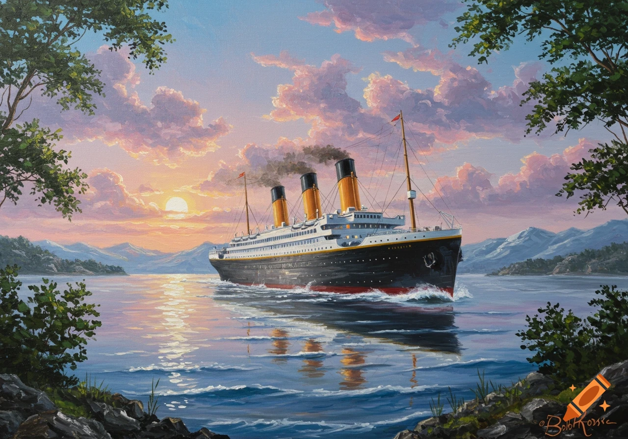 A painting in Bob Ross's style depicts the Titanic sailing on calm waters at sunset, framed by trees and mountains.
