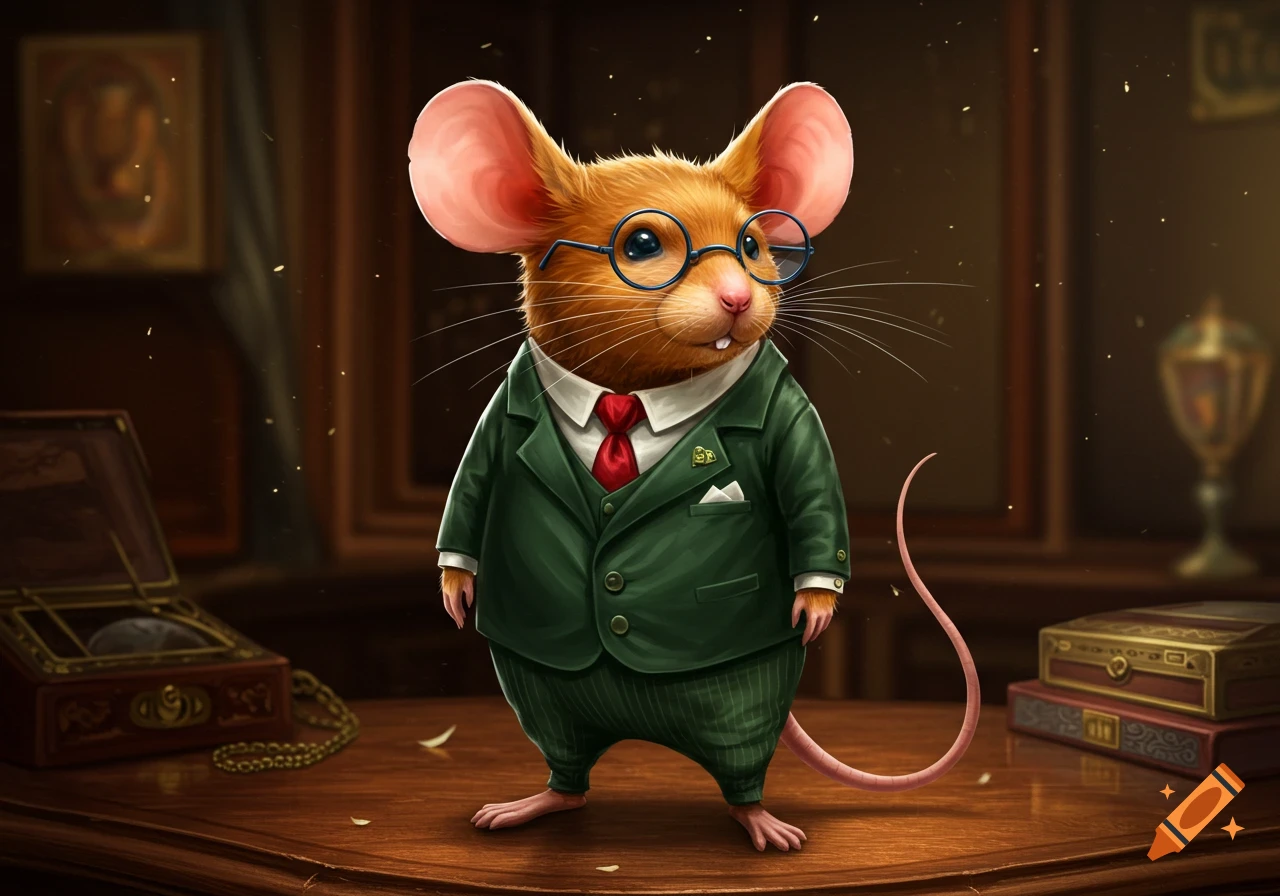 A dapper anthropomorphic mouse wearing a green suit, red tie, and blue glasses stands on a wooden desk in a dimly lit, richly decorated room.