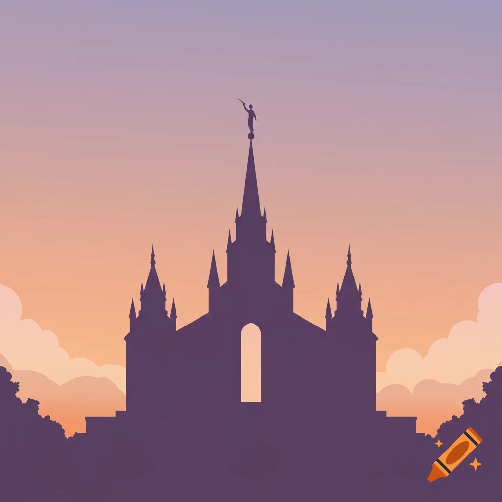 Minimalist silhouette of a temple with spires and an angel statue against an orange and purple sunset sky.