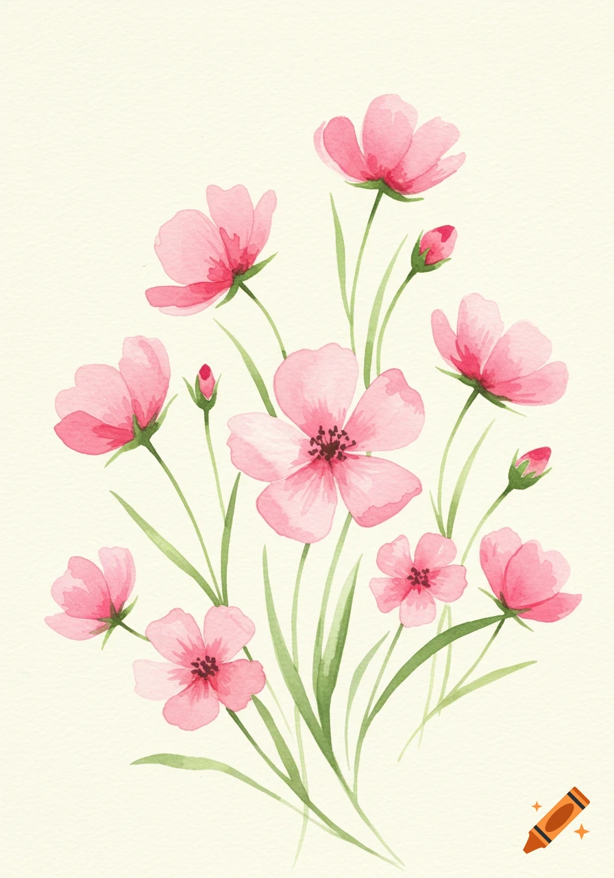 Watercolor painting of pink flowers with green stems and leaves on a light background.