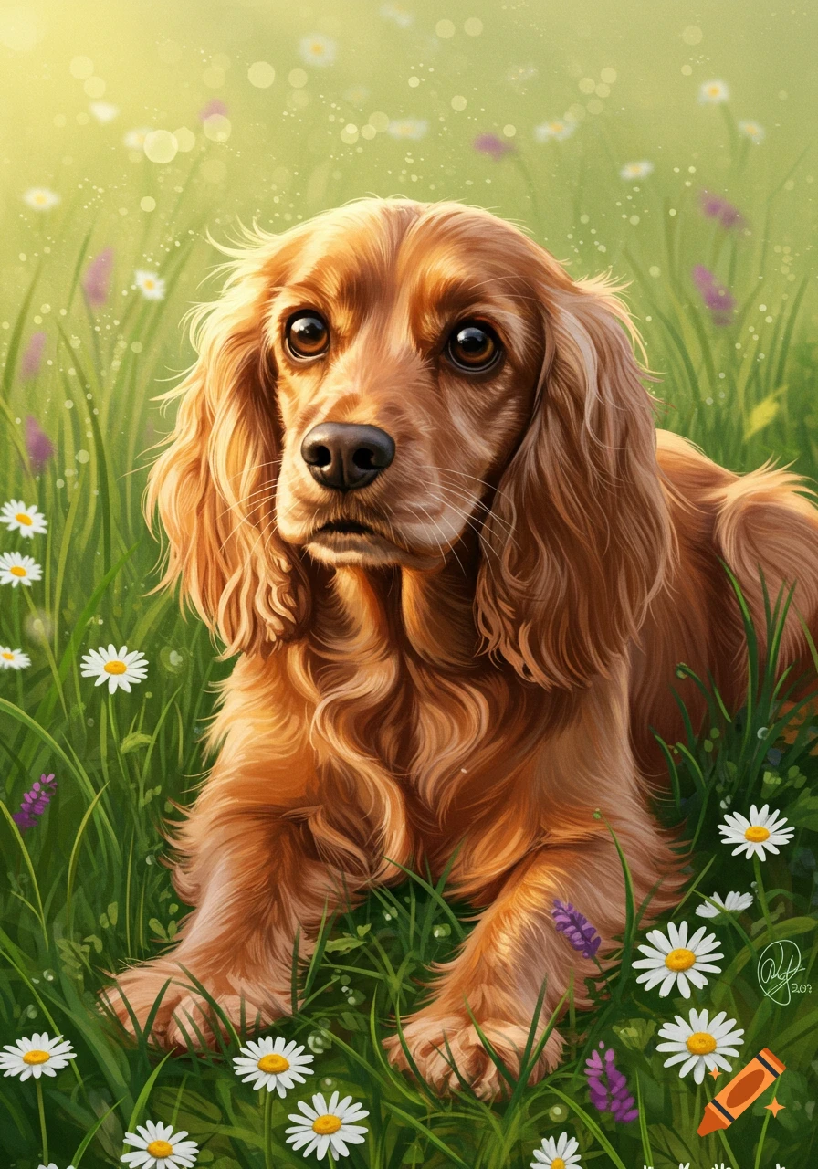 Brown cocker spaniel lies in a lush green field of white and purple daisies, illustrated in a bright style.