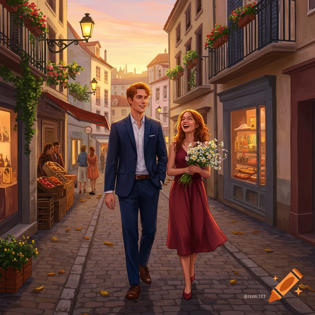 Illustrated happy couple walks down a charming European cobblestone street with shops and flowers at sunset.