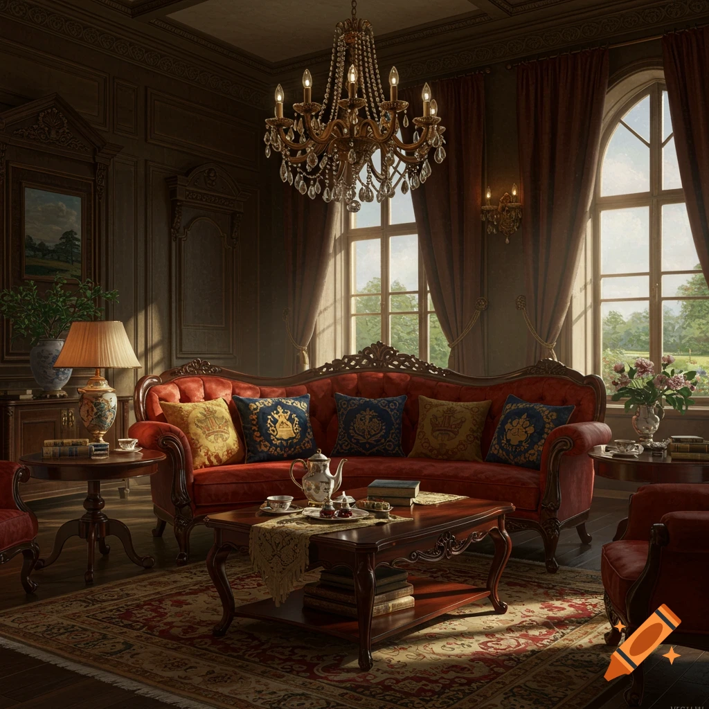 A photorealistic image of an ornate classical living room with a red sofa, chandelier, wooden furniture, and large windows.