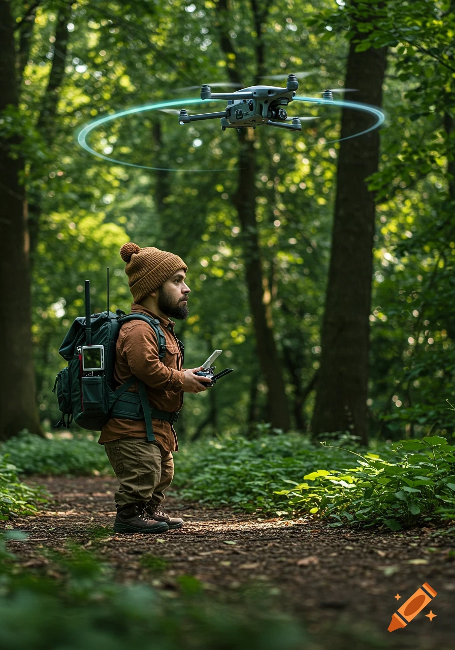 A short man in a beanie and outdoor gear controls a drone flying above him in a dense forest.