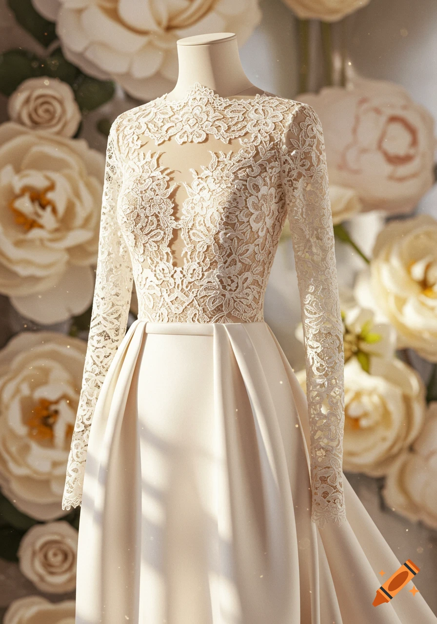 Elegant white wedding dress with floral lace bodice and long sleeves, and a flowing satin skirt, against a soft floral background.