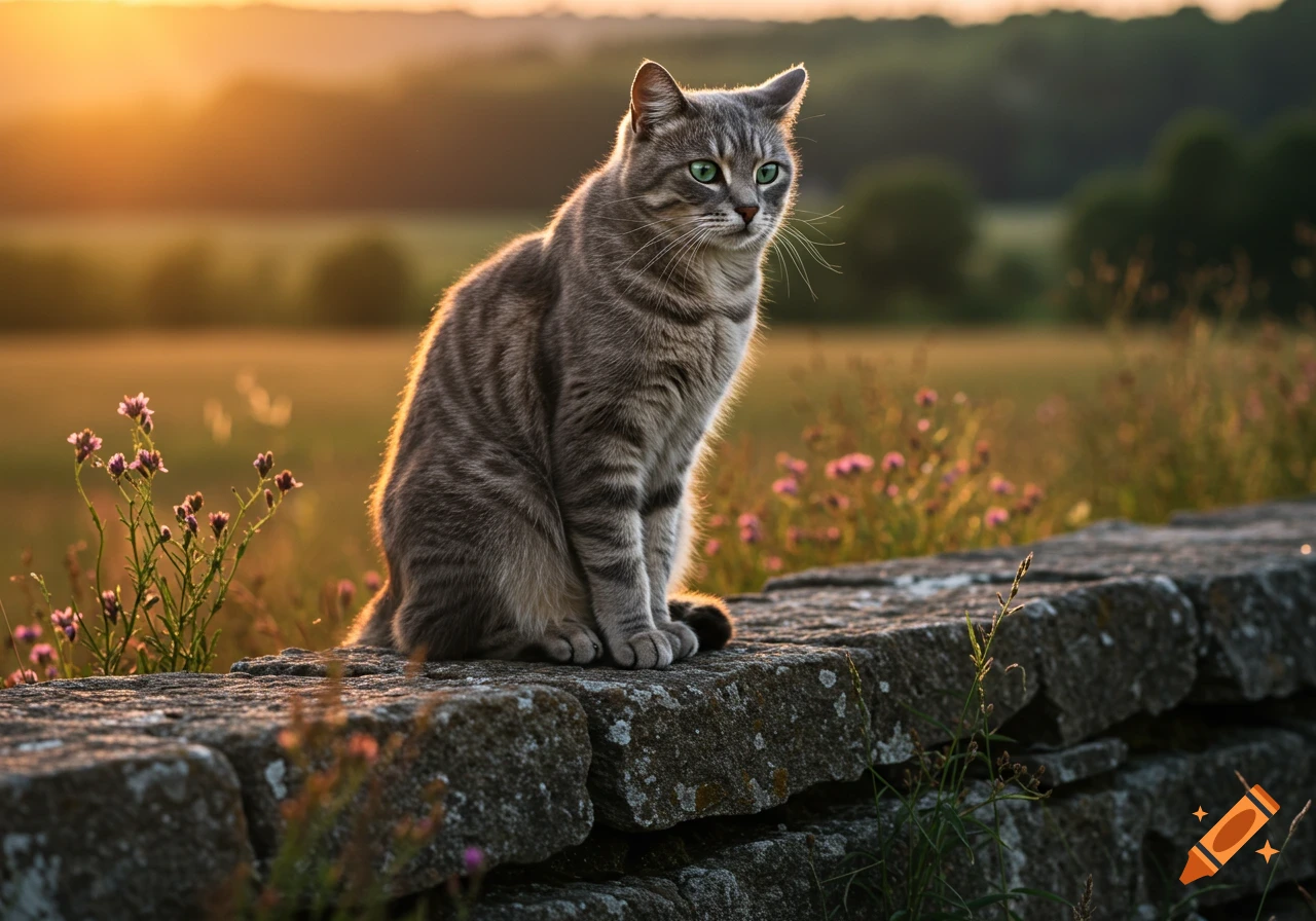 A grey tabby cat with green eyes sits on a mossy stone wall in a sunlit field with purple flowers at sunset.