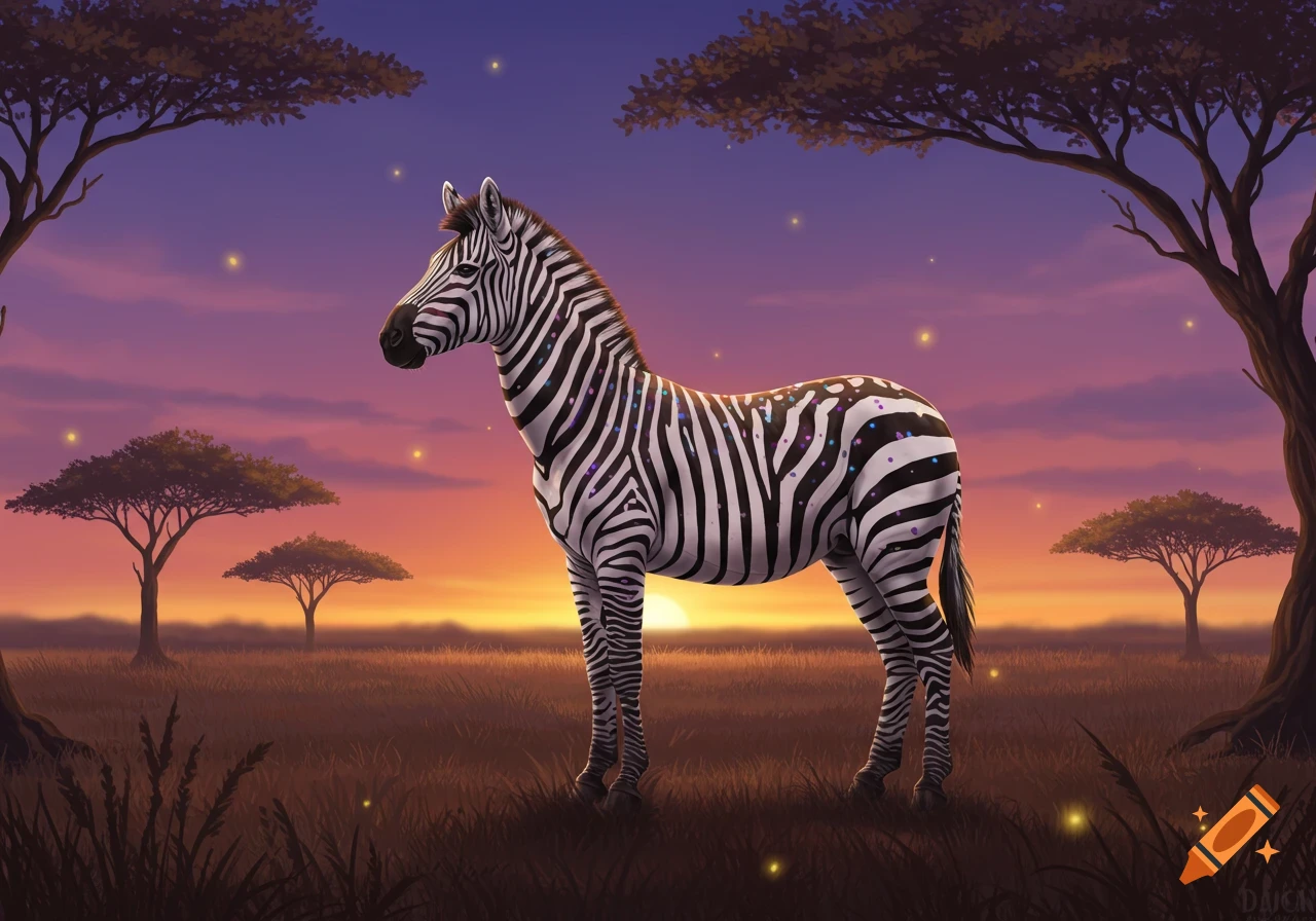 A dotted zebra stands in a savanna landscape at sunset, with glowing specks in the air and acacia trees.