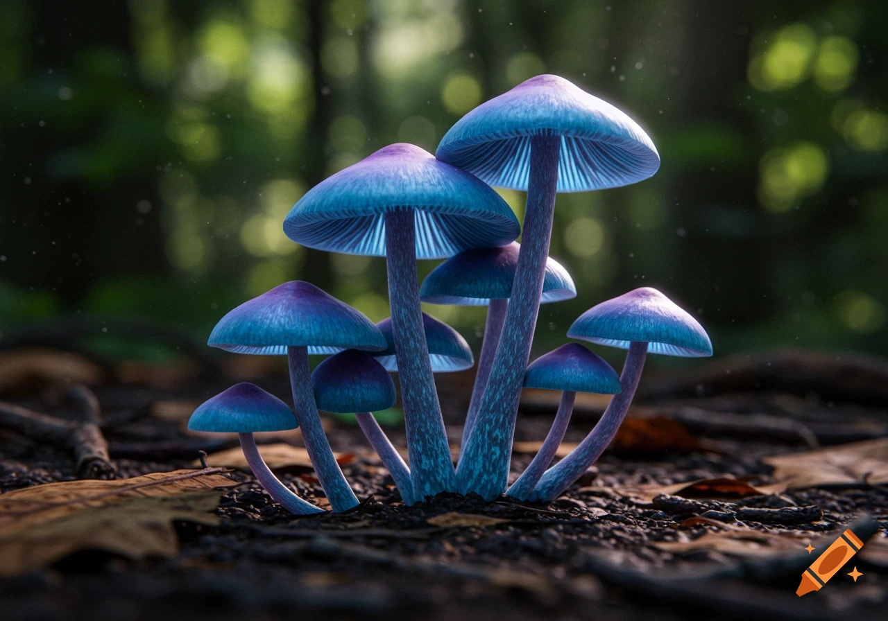 Ultra-realistic close-up of a cluster of glowing blue and purple mushrooms on a dark forest floor, surrounded by blurry green trees.