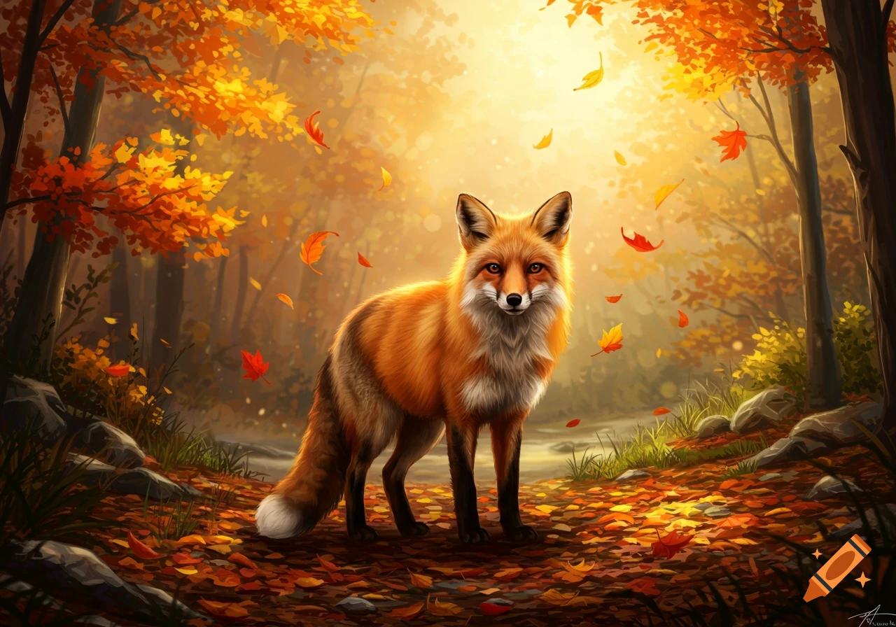 A vibrant red fox stands in an autumn forest with orange and yellow leaves falling, bathed in warm sunlight.