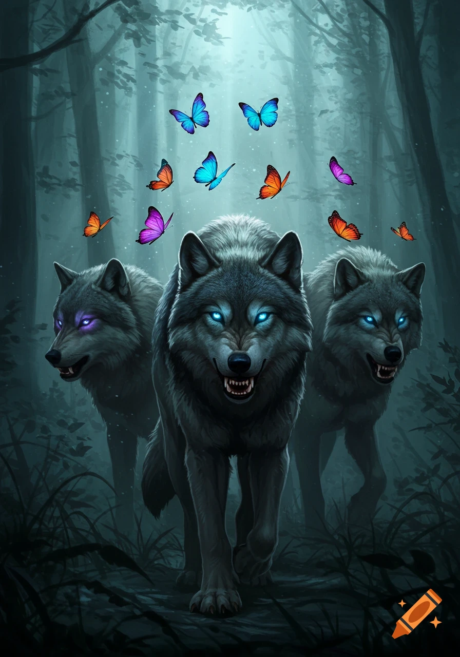 Three grey wolves with glowing blue eyes emerge from a dark, misty forest, baring teeth. Colorful butterflies flutter around them.
