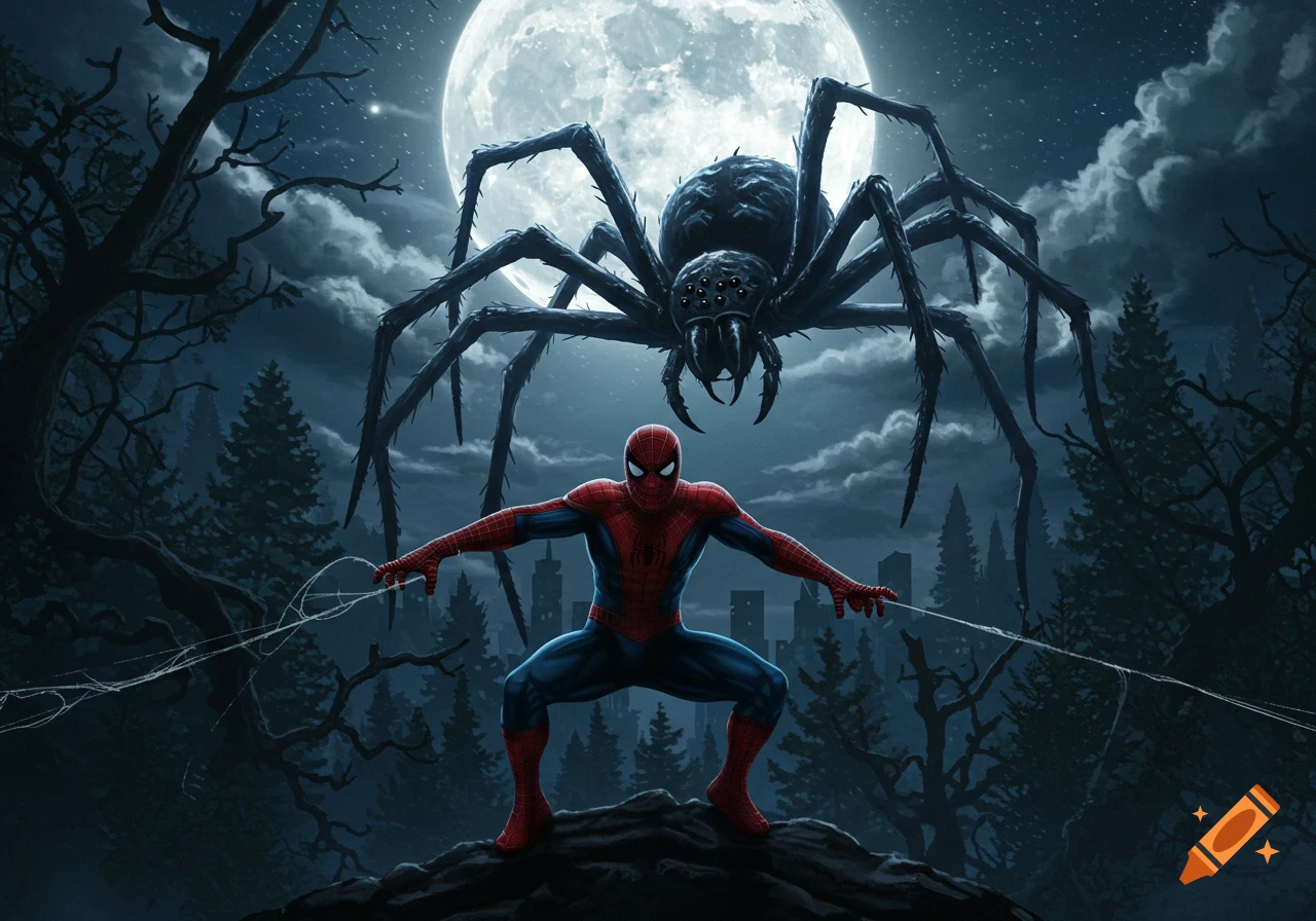Spider-Man confronts a giant spider under a full moon in a dark, dramatic forest with a distant city skyline.