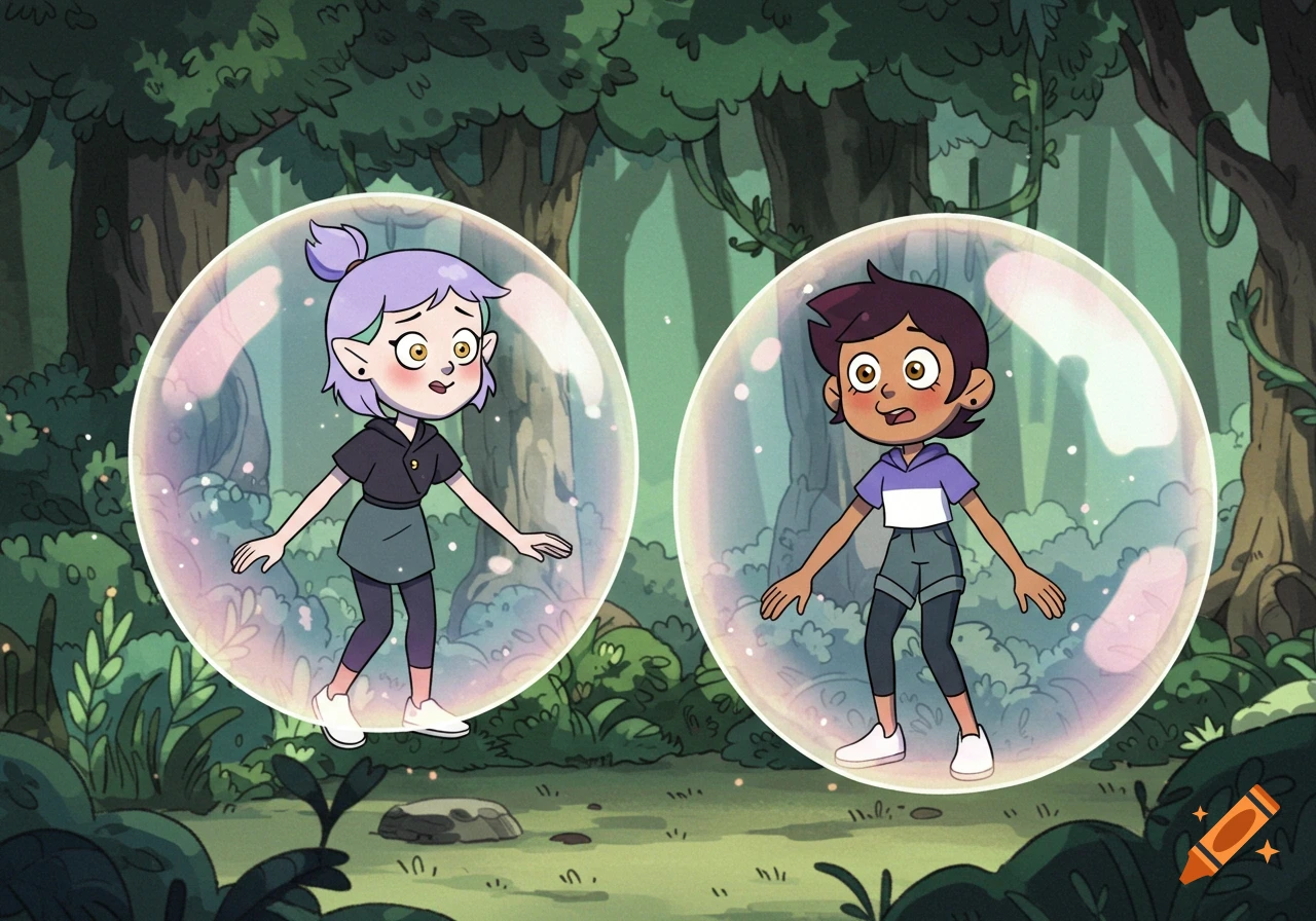 Luz and Amity from The Owl House stand surprised and embarrassed in separate giant soap bubbles in a forest, animated style.