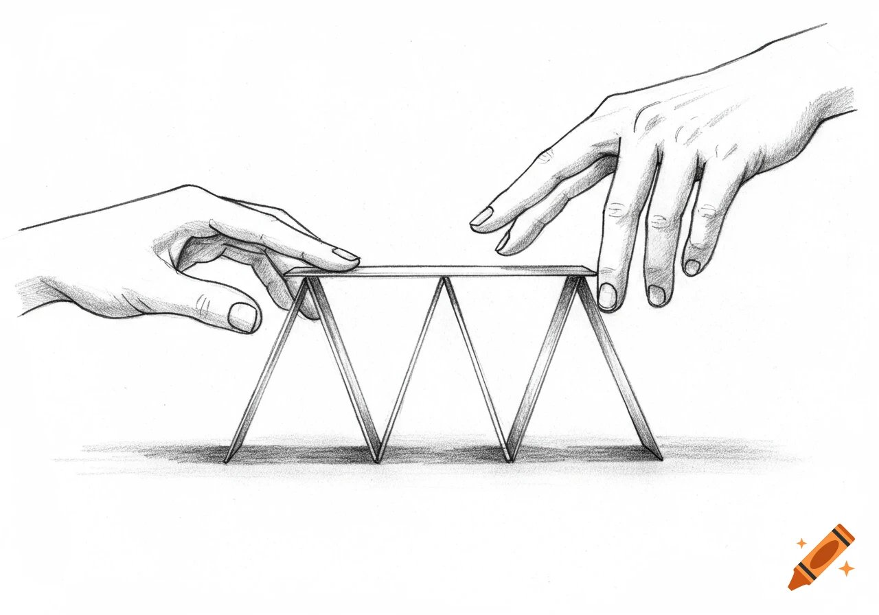 Black and white pencil sketch of two hands gently constructing the base of a house of cards.