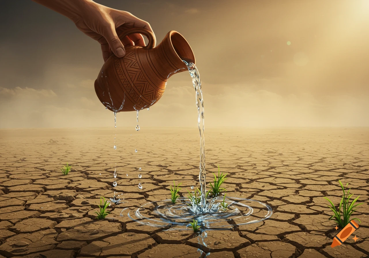A hand pours water from a decorated clay pitcher onto parched, cracked earth with sprouting green plants, under a warm, hazy sky.