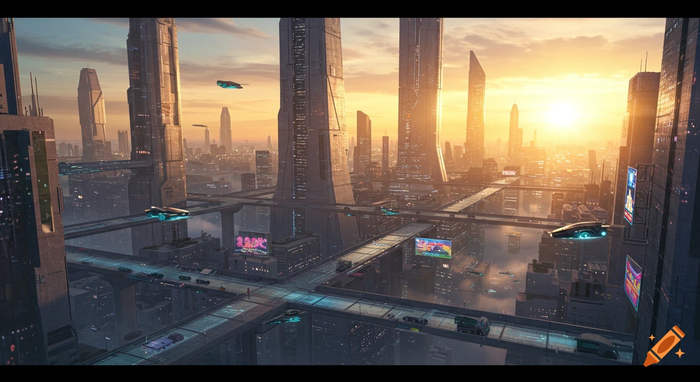 Photorealistic futuristic cityscape with towering skyscrapers, elevated roads, and flying vehicles at sunrise.
