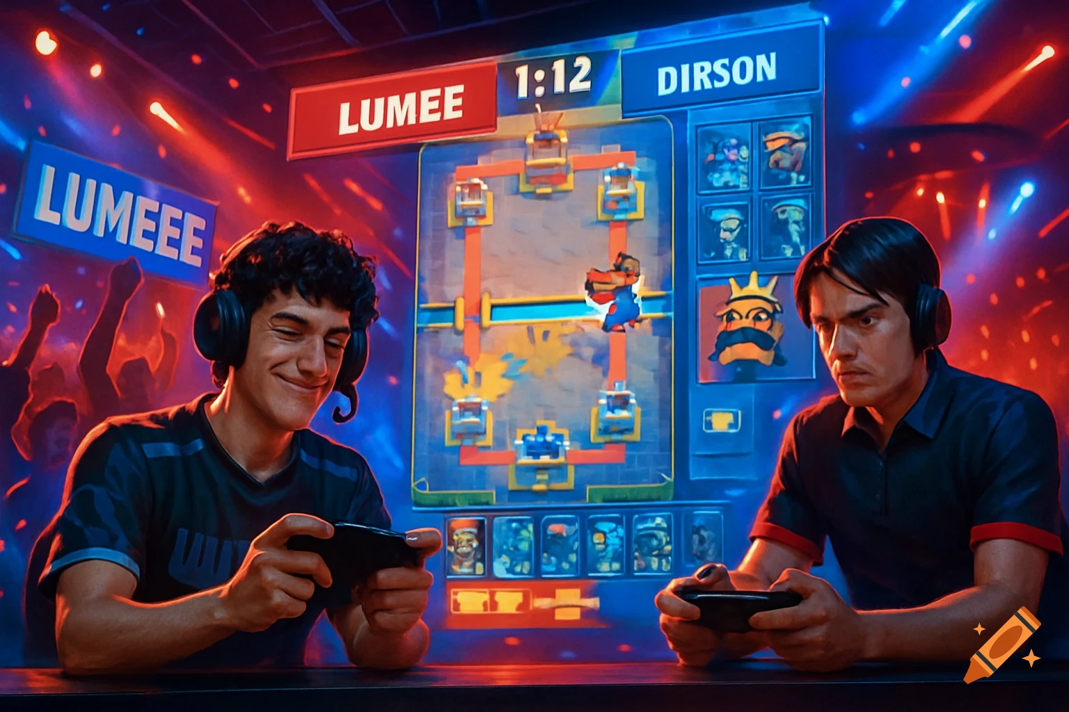 Two male gamers with headsets play esports on a stage with red and blue lights, a game screen showing 'LUMEE' vs 'DIRSON' in the background.