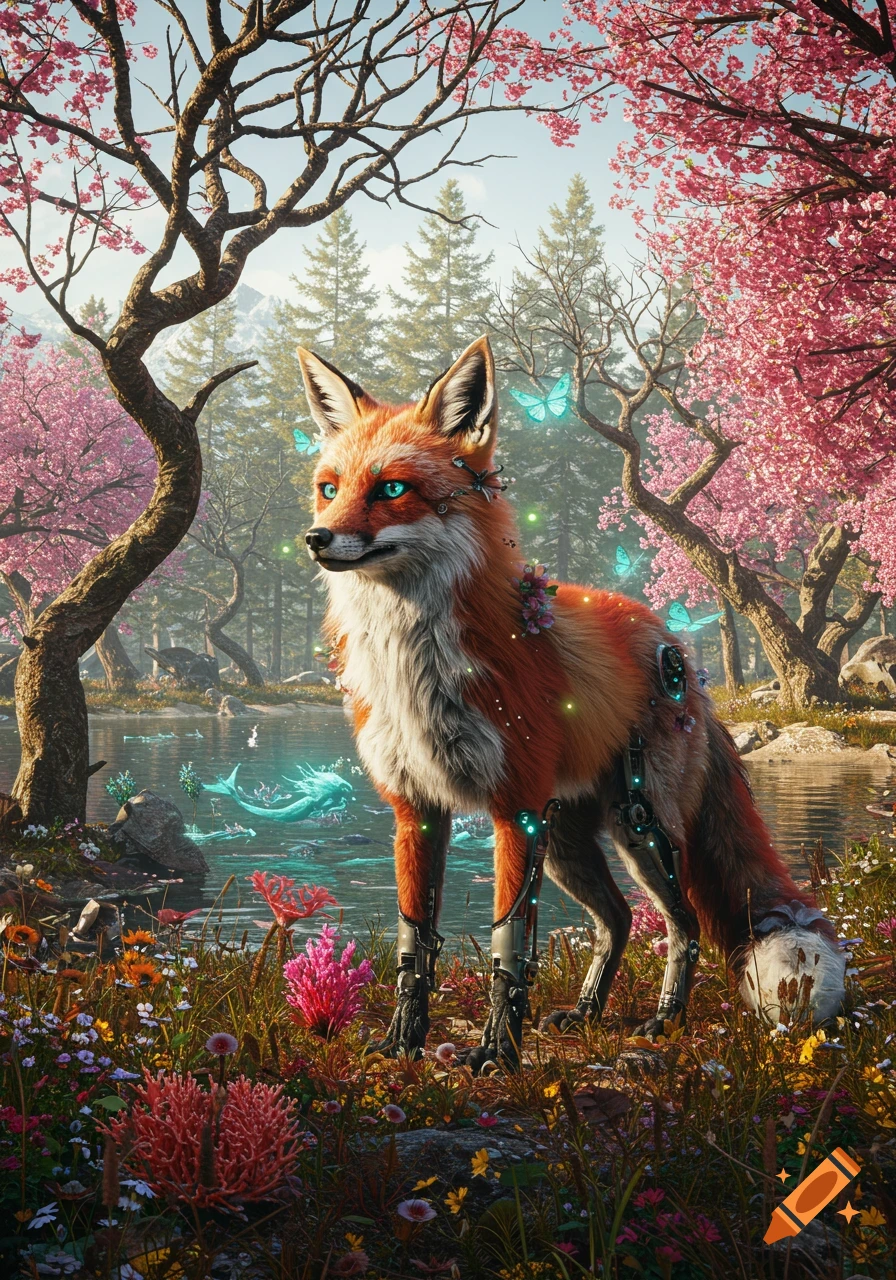 A hyperrealistic red cyborg fox with glowing eyes stands in a vibrant biopunk forest with pink cherry blossoms, a lake, and glowing butterflies.