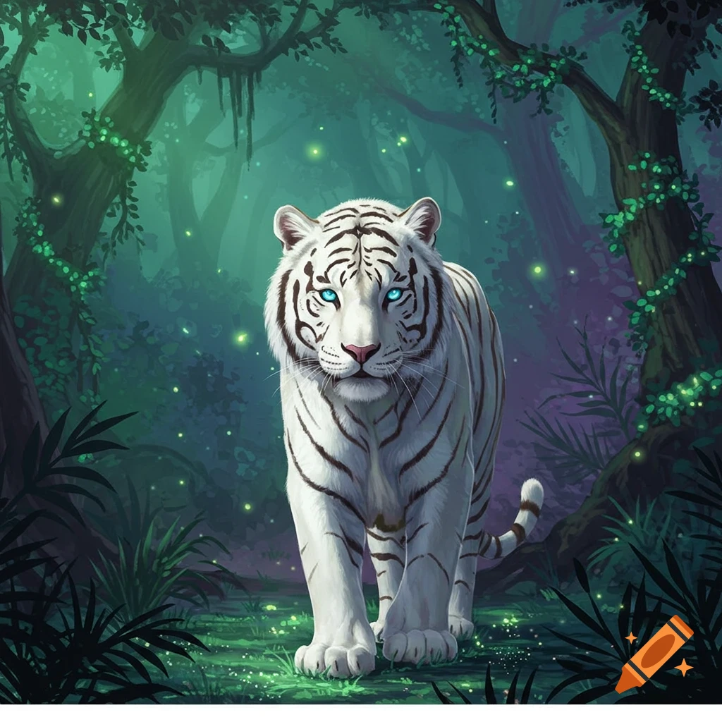A majestic white tiger with piercing blue eyes walks through a mystical, glowing dark green fantasy jungle.
