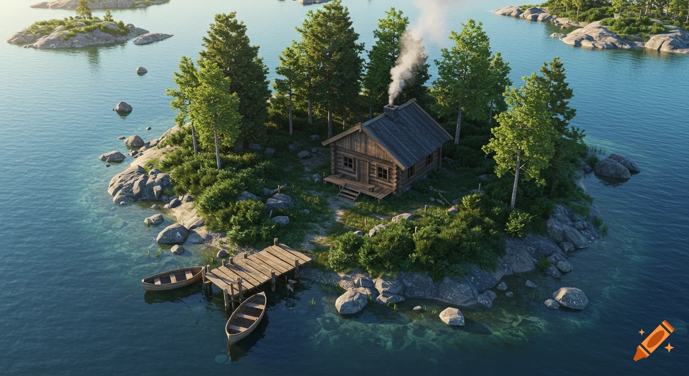 Hyperrealistic aerial view of a rustic log cabin with smoking chimney on a small rocky island with a pier and two wooden boats in a clear lake.