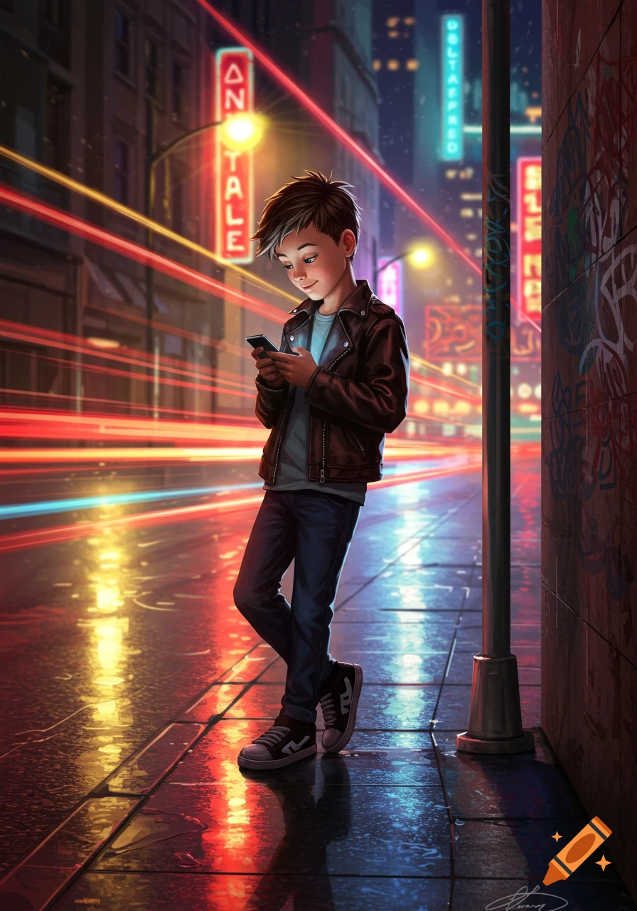 A stylized digital art illustration of a young boy in a leather jacket texting on a phone on a neon-lit city street at night.