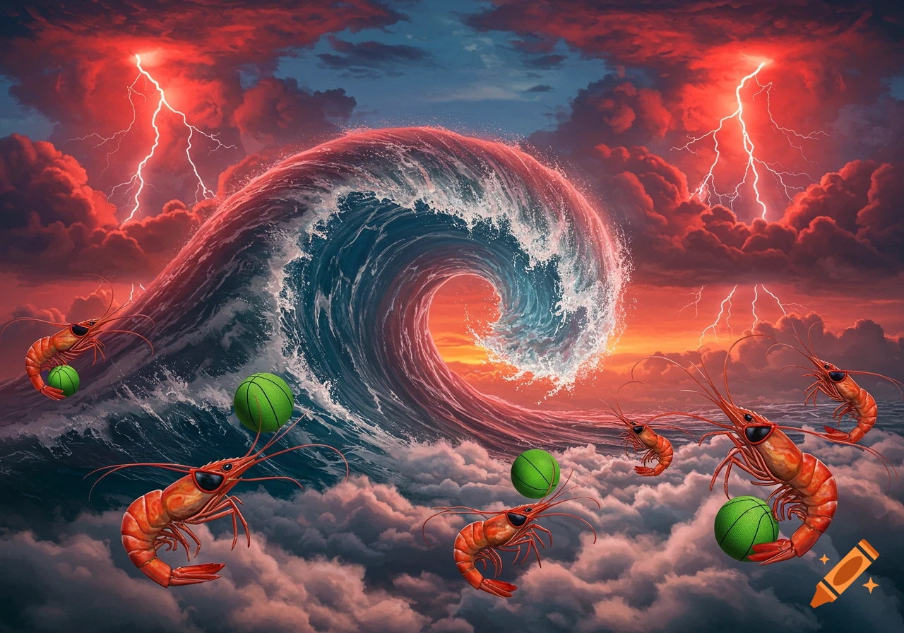 Flying shrimp wearing sunglasses hold green basketballs above clouds, set against a dramatic backdrop of a huge tsunami wave and striking red lightning.