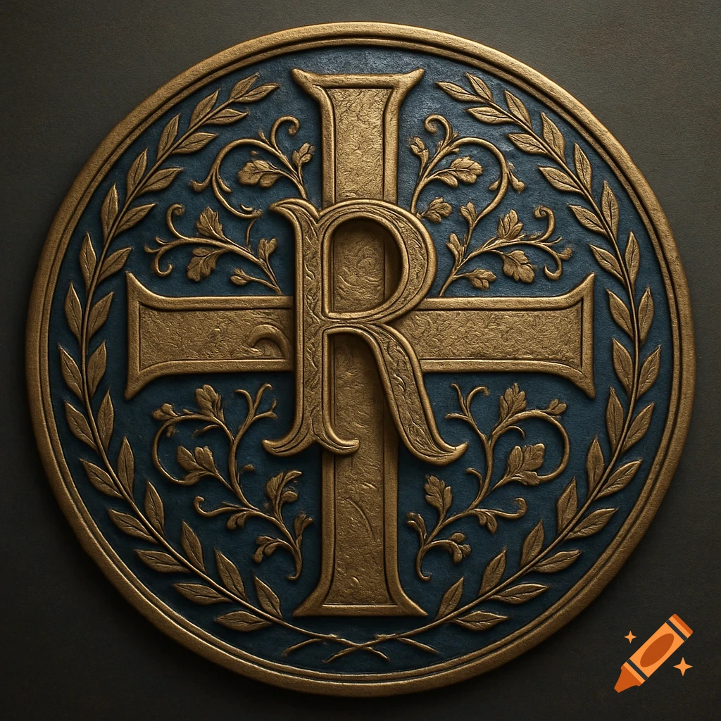 Round golden and teal family crest with a stylized 'R' over a cross and ornate floral patterns.