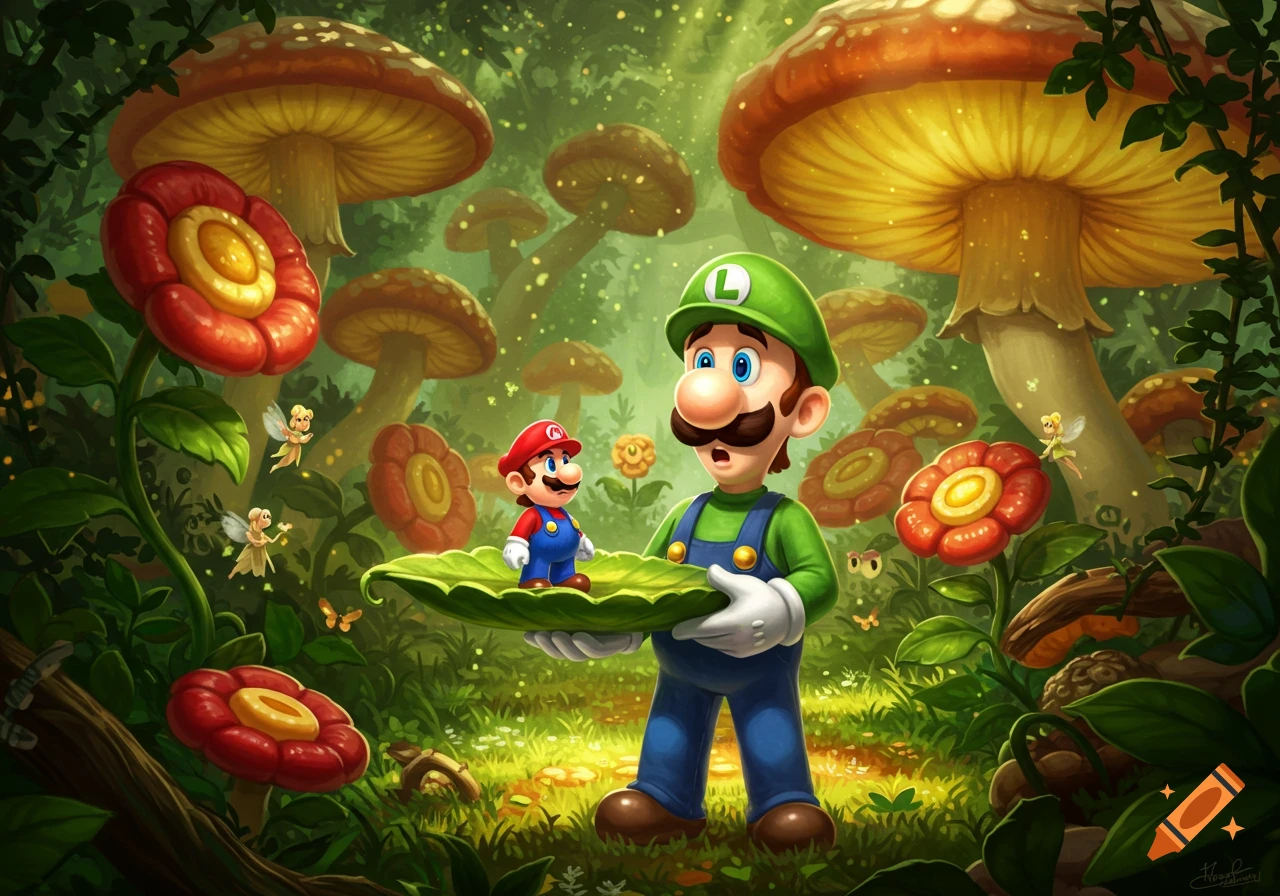 Luigi holds a tiny Mario on a leaf in a whimsical forest filled with large mushrooms, glowing dust, and small fairies.