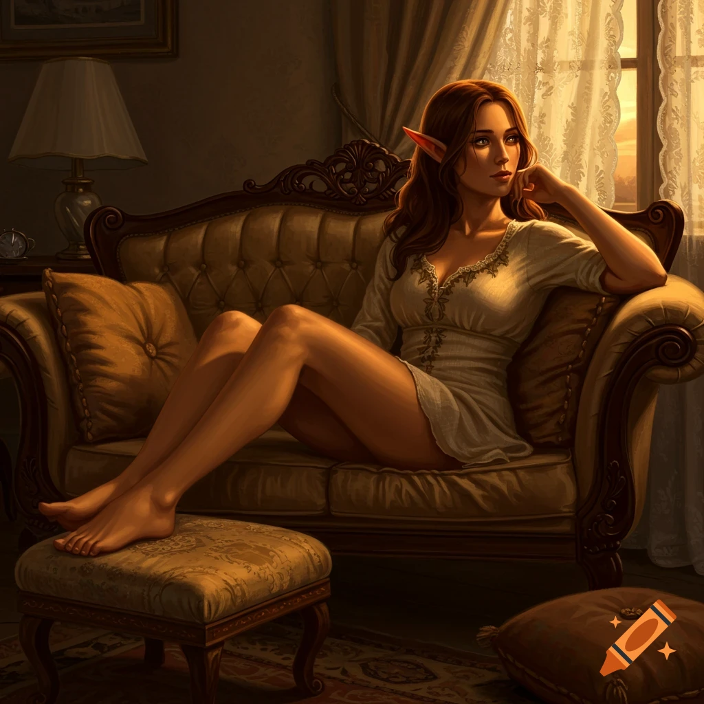 A beautiful half-elf woman with long brown hair and pointed ears sits on a golden couch, looking out a window. Her bare feet rest on a footstool in a warm, dimly lit room.