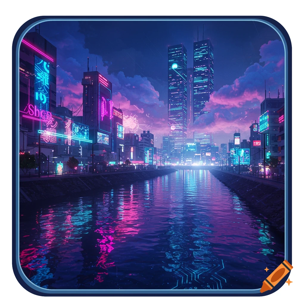 A vibrant cyberpunk city at night with neon pink and blue lights reflecting on a canal between towering buildings under a purple sky.