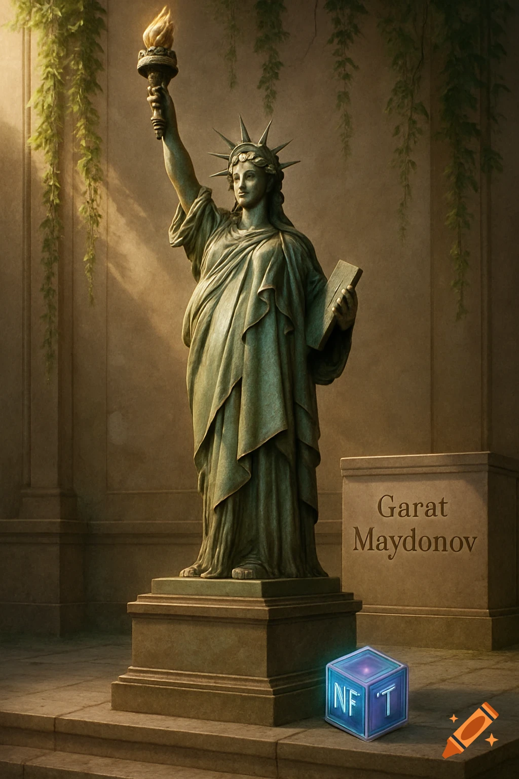 A statue resembling the Statue of Liberty stands amidst hanging vines, with a glowing NFT cube and inscribed plinth.