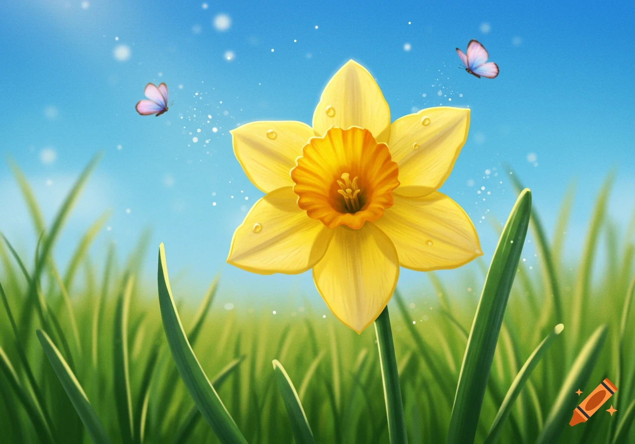 Vibrant illustration of a yellow daffodil in green grass with two pink butterflies under a bright blue sky.