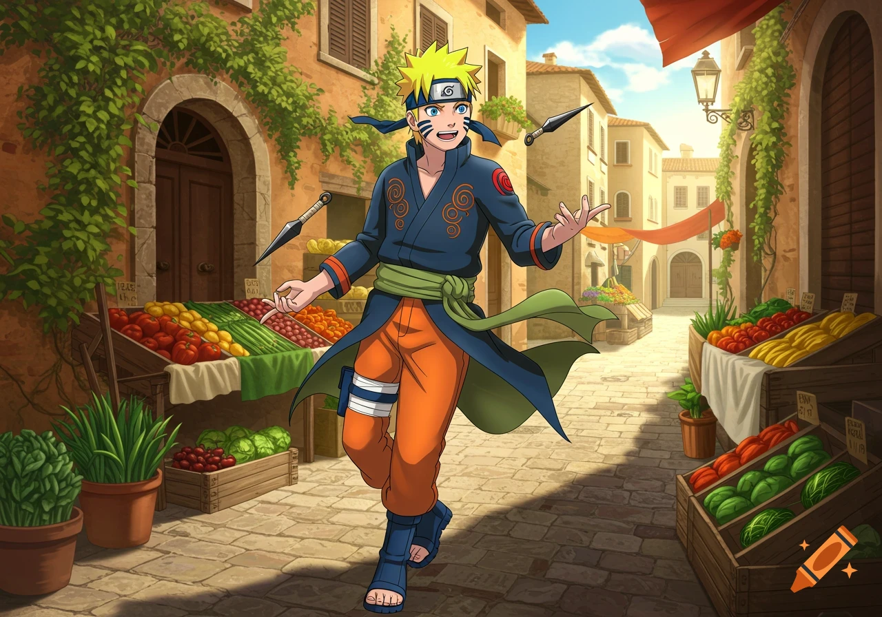 Anime character Naruto walks through a vibrant Italian market, juggling kunai, with stalls of fresh produce and old buildings.
