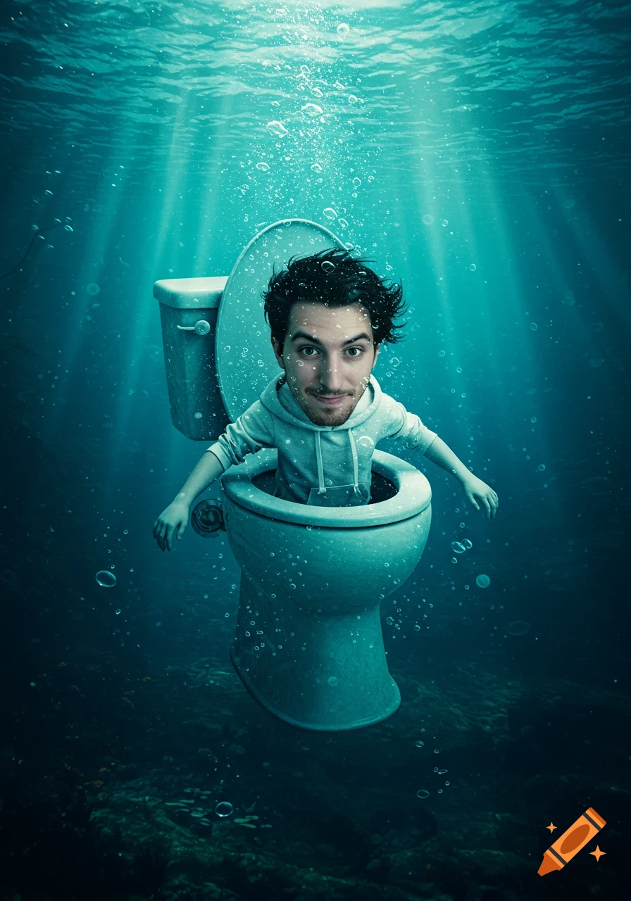 A man with a large head emerges from a toilet underwater, surrounded by bubbles and light rays.